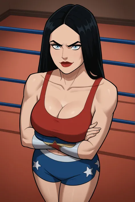 safe_pos, score_9, score_8_up, score_7_up, score_6_up, BREAK, solo, 1girl, wonderwoman, long hair, black hair, blue eyes, large breasts, cleavage, curvy, athletic, smile, closed mouth, bedroom eyes, determined expression, looking at viewer, wide hips, lips...