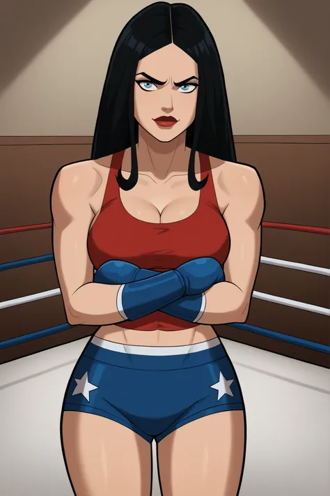 safe_pos, score_9, score_8_up, score_7_up, score_6_up, BREAK, solo, 1girl, wonderwoman, long hair, black hair, blue eyes, large breasts, cleavage, curvy, athletic, smile, closed mouth, bedroom eyes, determined expression, looking at viewer, wide hips, lips...