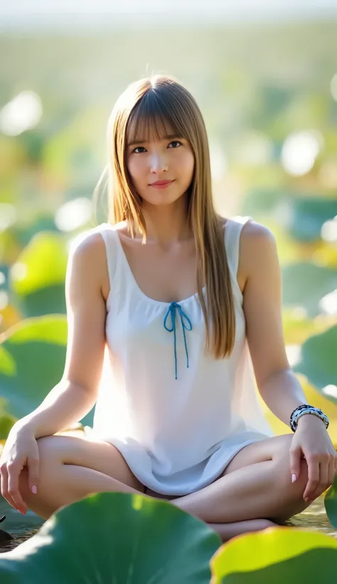 Beautiful woman , , a long-haired, blonde, woman with a strong body and tanned skin, Meditating in a blooming lotus pose, wears a casual white dress with blue.