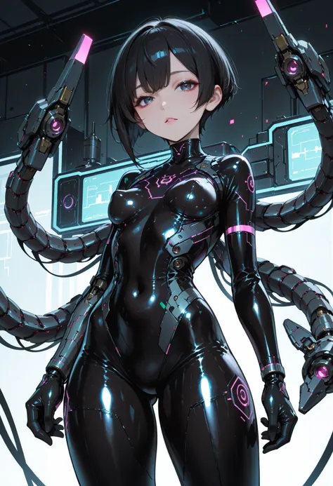 Armed girl. Black hair. Short hair. Intercom. Japanese school uniform top. Glossy. Black bodysuit. Latex bodysuit. Perky breasts. Slender waist. Thighs. Electronic circuit pattern costume. With mechanical monster. Turret. Mechanical tentacle arm.