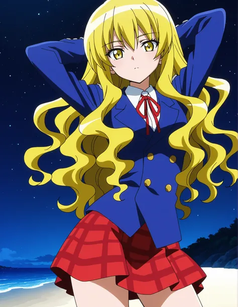 ARCkuchinashi, blonde hair, long hair, wavy hair, hair over breasts, yellow eyes, red neck ribbon, school uniform, blue jacket, white collared shirt, red plaid skirt, anime screencap, high quality, closed mouth, solo, cowboy shot, night sky, beach, hands b...