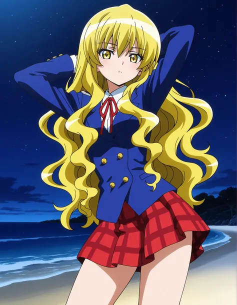 ARCkuchinashi, blonde hair, long hair, wavy hair, hair over breasts, yellow eyes, red neck ribbon, school uniform, blue jacket, white collared shirt, red plaid skirt, anime screencap, high quality, closed mouth, solo, cowboy shot, night sky, beach, hands b...