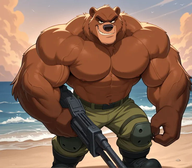 huge muscular Eurasian bear in beach, big hulking flex, grunting smirk, huge brown fur, thick arm, huge arm, (veiny muscular, pectoral, wide pectoral, thick arms), war zone of Kharkiv, DISNEY ANIMATION, 8k, masterpiece, light brown cocoa eyebrows added, de...