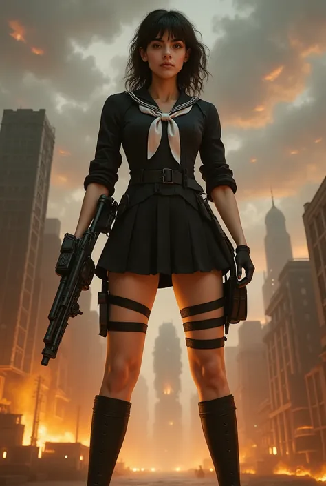 M@l1n@@tul, Ch@tGPT40, wearing school sailor uniform, holding a machine gun. Is standing in an alien street. Her detailed facial features, toned, milky thighs are visible. She stands with her feet apart in a ready pose, with a serious expression. Pistols a...