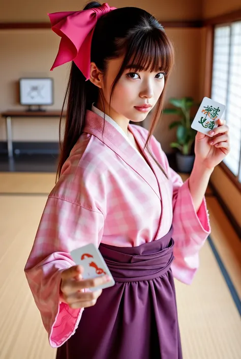 A captivating photobook featuring a beautiful Japanese idol girl with fair skin. She has long, straight hair tied neatly at the back, with soft bangs framing her face, adorned by a large pink ribbon. She wears a traditional hakama outfit—a pink checkered-p...