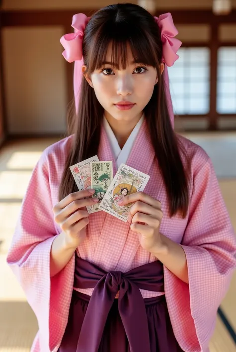A stunning photobook featuring a beautiful Japanese idol girl with fair skin. Her long, straight hair is neatly tied at the back, with soft bangs framing her face, adorned by a large pink ribbon. She is dressed in an elegant hakama ensemble—a pink checkere...
