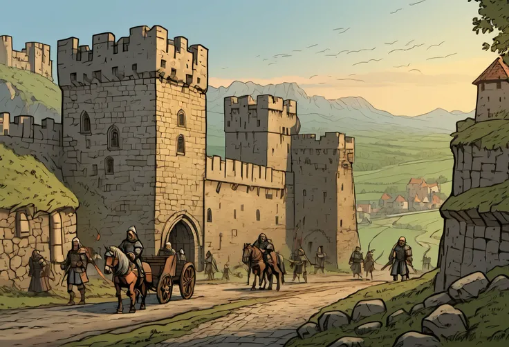 masterpiece, landscape, medieval twon entrance. distant plan, castle walls, tall castle stone walls, walls height 40m. layered composition, fortress and small medieval houses below. huge medieval stronghold walls. view of road going up, village road, outsk...