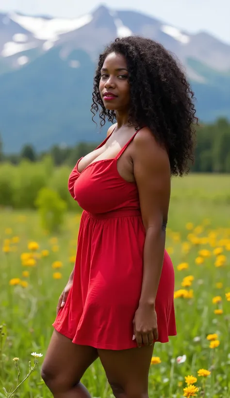 African  young beauty female, long curly with no frizz hair, dark brown skin, hazel  eyes, no imperfections, large breasts , thick and curvy Body, Wearing a short, loose fitting red sundress, hemline is high in the thighs, barefoot,  red lips half open. Sh...