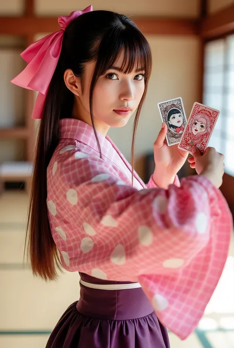 A stunning photobook featuring a beautiful Japanese idol girl with fair skin. Her long, straight hair is neatly tied at the back, with soft bangs framing her face, adorned by a large pink ribbon. She is dressed in an elegant hakama ensemble—a pink checkere...