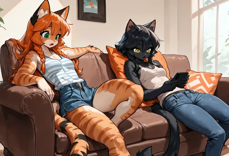 living room, couch, day, 2girls, girl on couch, girl walking up to couch, (girl on couch\(Anthro furry tabby cat girl, petite, long bright orange hair, braided_sidelocks, green eyes, bright orange fur, stripes, small breasts, wearing unzipped shorts, rela...