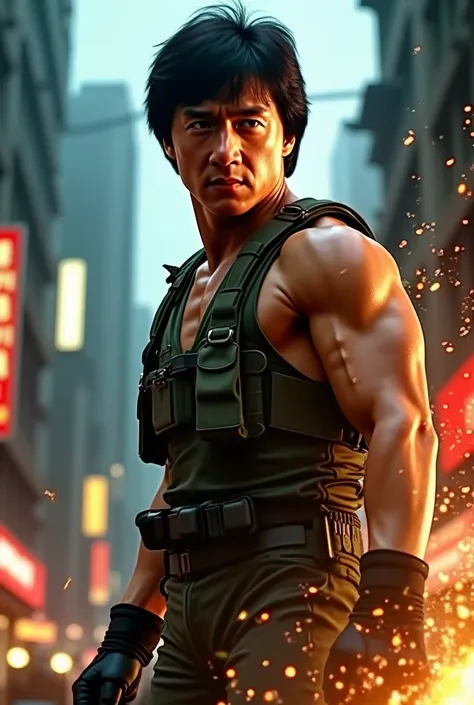 armed Jackie Chan、medium  like a scene from the movie、with a powerful low angle、with determined gaze、Magic Particles、８０Hong Kong in the ages