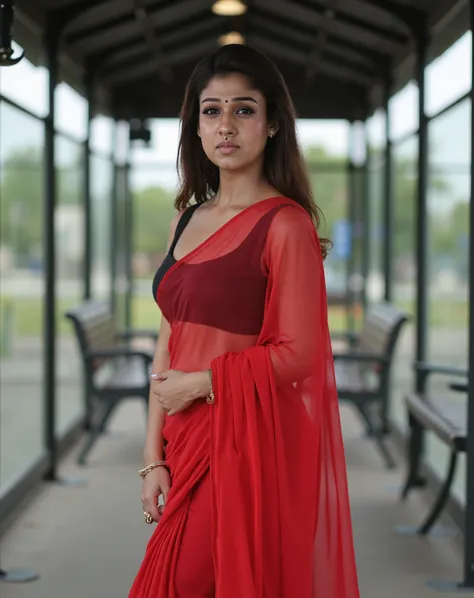 Generate a ultra realistic close up front image of a woman in a black bra and red transparent saree and medium heel sandal, she is standing in a bus waiting shed alone showing her naval and cleveage her breast size is 36 and her bootty size is 36 and her h...
