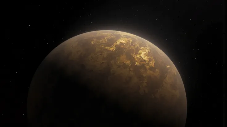 The textured surface of, blackened by shadows. Earth, mainly illuminates its upper hemisphere, The textured surface of,The planet has a golden circuit texture circling brown and gold hues mixed with hints of green and white. . Environmental gaps. The lower...