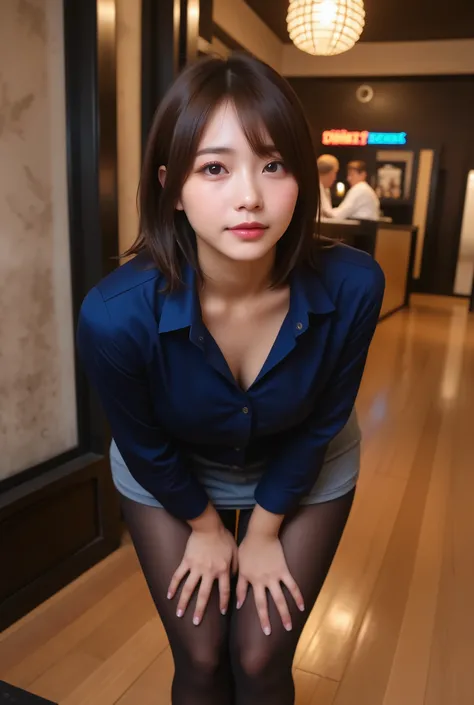 Lean forward while standing_Look into me as a  lying on the floor, masterpiece, hey Shota, High Quality, 2 college girls_prostitution part-time job at a live pub,  different hairstyles, tight, mini costume, dark blue_simple blouse shirt_Black collar, gray_...