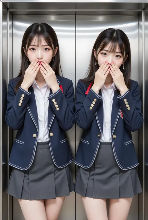 ((High Angle 2.0)), in Korean style, age 16, Matching outfit , blazer after face:Short length、short、navy blue、emblem、piping the edge with white、button, (Skirts:Tight、Above the knee、Dark grey), Red string ribbon around their necks , white shirt, ((2 hairpin...