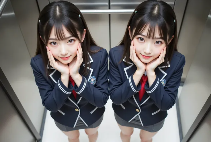 ((High Angle 2.0)), (shot from above), in Korean style, age 16, Matching outfit , blazer after face:Short length、Shortness to the waist、navy blue、emblem、piping the edge with white、button, (Skirts:Tight、Above the knee、Dark grey), red tie , white shirt, ((2 ...