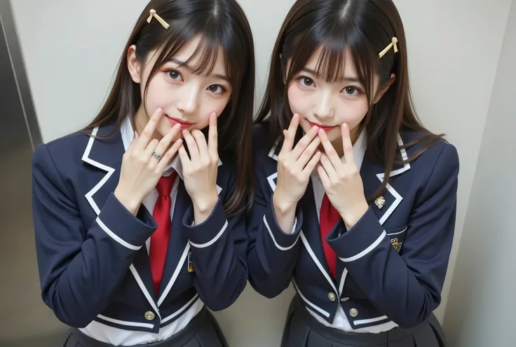 ((High Angle 2.0)), (shot from above), in Korean style, age 16, Matching outfit , blazer after face:Short length、Shortness to the waist、navy blue、emblem、piping the edge with white、button, (Skirts:Tight、Above the knee、Dark grey), red tie , white shirt, ((2 ...