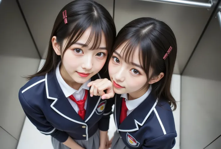 ((High Angle 2.0)), (shot from above), in Korean style, age 16, Matching outfit , blazer after face:Short length、Shortness to the waist、navy blue、emblem、piping the edge with white、button, (Skirts:Tight、Above the knee、Dark grey), red tie , white shirt, ((2 ...