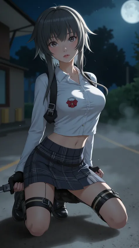 realistic anime style, cinematic lighting, busty Japanese schoolgirl in a modern uniform with a tight blouse and plaid skirt, kneeling low to the ground in a crouched combat stance, about to spring into action, traditional ninja-inspired gear added subtly ...