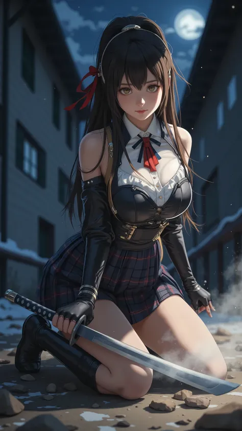 realistic anime style, cinematic lighting, busty Japanese schoolgirl in a modern uniform with a tight blouse and plaid skirt, kneeling low to the ground in a crouched combat stance, about to spring into action, traditional ninja-inspired gear added subtly ...