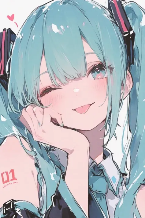 Hatsune Miku、Zoom on face、Put your hand on your cheek, piece、wink、Close your mouth and flush your tongue、beautiful woman、masterpiece、cool、Non-sexual