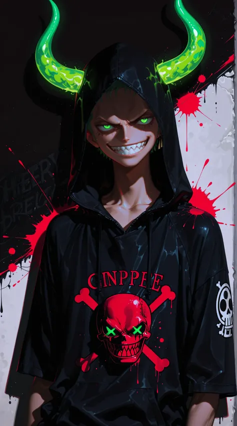 masterpiece, best quality, 8k, graphic art, t-shirt design, male, zoro, One piece , solo, shadowy figure, anonymous, wearing black hoodie, hood up, Green hair, face in shadow, demonic, Green devil horns, glowing Green eyes, x-shaped eyes, creepy smile, wid...