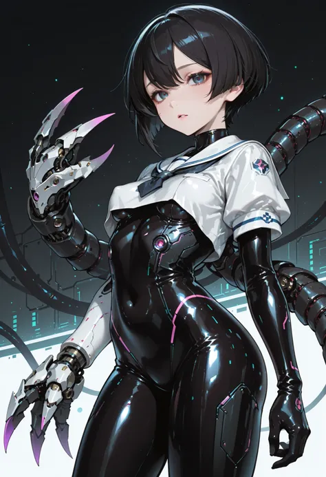 Armed girl. Black hair. Short hair. Intercom. Japanese school uniform top. White uniform. Glossy. Black bodysuit. Latex bodysuit. Perky breasts. Slender waist. Thighs. Electronic circuit pattern costume. With mechanical monster. Turret. Mechanical tentacle...