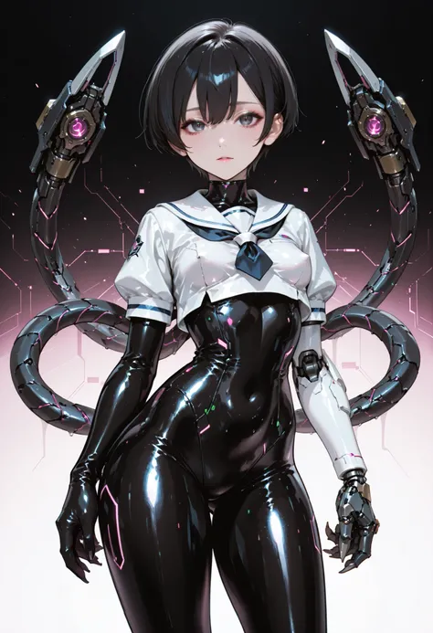 Armed girl. Black hair. Short hair. Intercom. Japanese school uniform top. White uniform. Glossy. Black bodysuit. Latex bodysuit. Perky breasts. Slender waist. Thighs. Electronic circuit pattern costume. With mechanical monster. Turret. Mechanical tentacle...