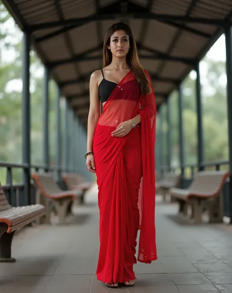 Generate a ultra realistic close up front image of a woman in a black bra and red transparent saree and medium heel sandal, she is standing in a bus waiting shed alone showing her naval and cleveage her breast size is 36 and her bootty size is 36 and her h...
