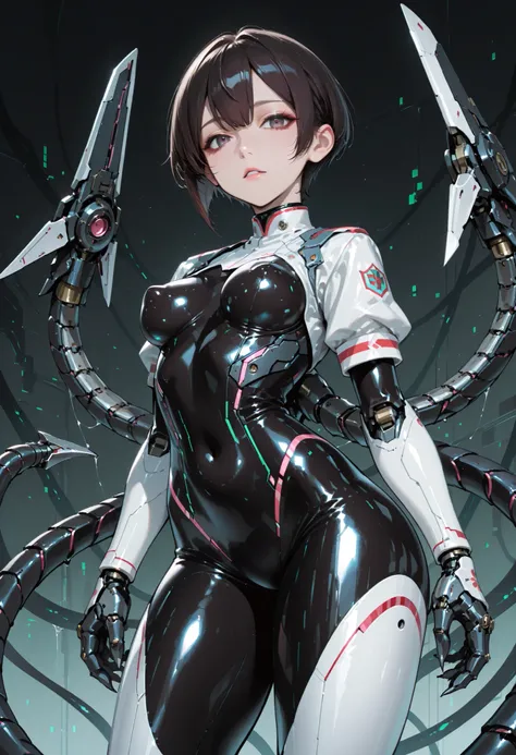Armed Girl. dark haired. short hair. . Japanese student top. white uniform. Glossy. black bodysuit. latex bodysuit. Perky breasts. slender waist. thighs. electronic circuit pattern costume. with mechanical monster. turret . mechanical tentacle arm. Tentac...