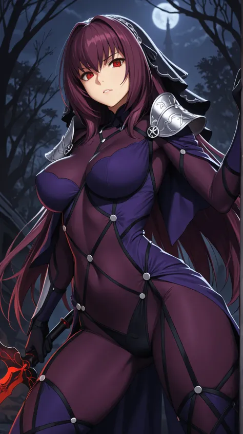 scathach from de fate grand order, violet hair, red eyes, medium tits, wide hips,battle pose, dark environment, night, lanza