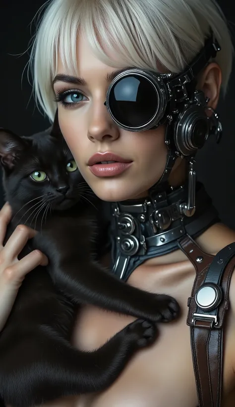 Caucasian woman, 20s, with pale skin, and short, white hair,  wearing a futuristic, mechanical, and steampunk-style outfit.  The outfit is composed of dark gray/black metallic parts and brown leather or metal components, with visible gears, rivets, and tub...