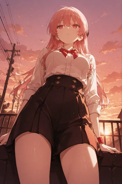 1girl, solo, close up((from below)),侍女子　マシンガン　) , medium breast,helpless body ,sunset,bind Wrist , high quality,high definition anime,half spread relaxed legs ,((ハンドガン　日本刀　サー区レット))