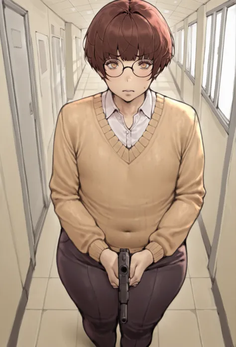 masterpiece, best quality,
solo, 1boy, femboy with a dark brown messy bowl cut, glasses, amber colored eyes, wearing a sweater on top of a dress shirt, and some dark trousers. He is chubby, round face, love handles, thick legs, and he is determined express...