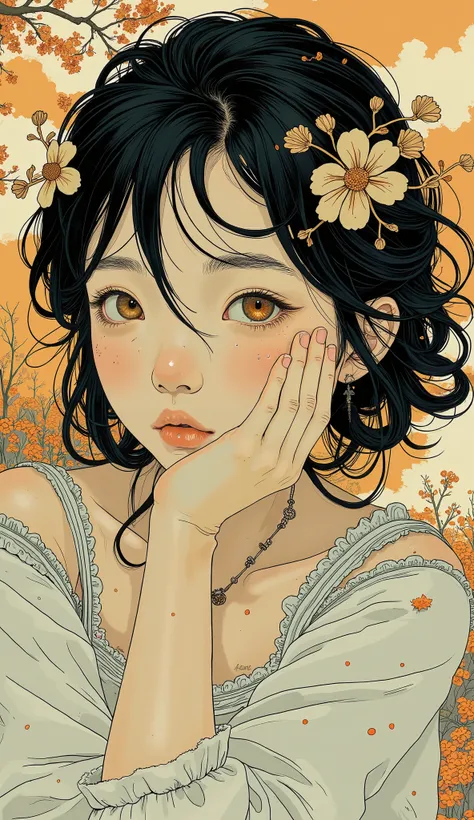 Super Detailed, High Quality, (Illustration of a girl putting her hand on her chin and looking worried), Poetic Atmosphere, delicate and accurate brushwork , neo-expressionism, soft medium hair, Lashes, off-shoulder blouse, Patterns where biological forms...