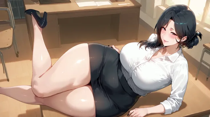 Mature woman,  of middle age, lying on desk, wide hips long and thick legs, big round back, black hair,  pigtail hairstyle, white shirt, loose buttons, medium breasts, black miniskirt, cut on one side, thick black high heels, perverted laughter, sexy, warm...