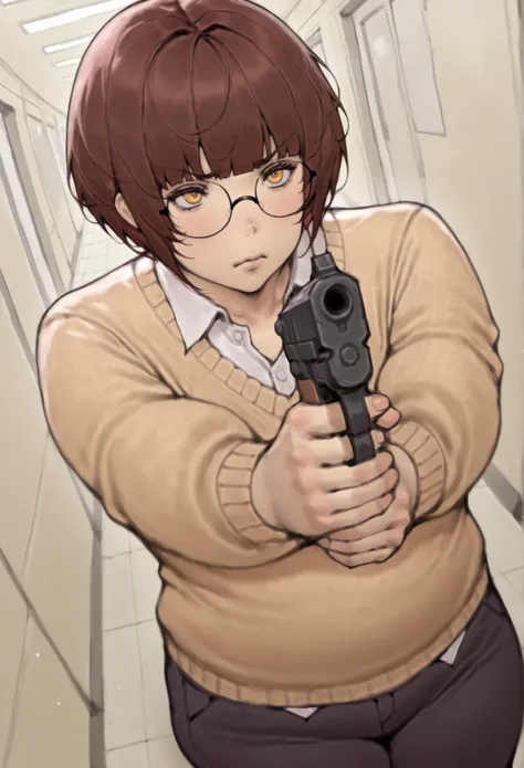 masterpiece, best quality,
solo, 1boy, femboy with a dark brown messy bowl cut, glasses, amber colored eyes, wearing a sweater on top of a dress shirt, and some dark trousers. He is chubby, round face, love handles, thick legs, and he is determined express...