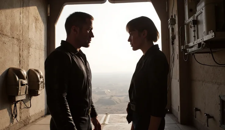 star wars, Tense standoff between ryan_gosling and Mia Goth on a crumbling platform.
