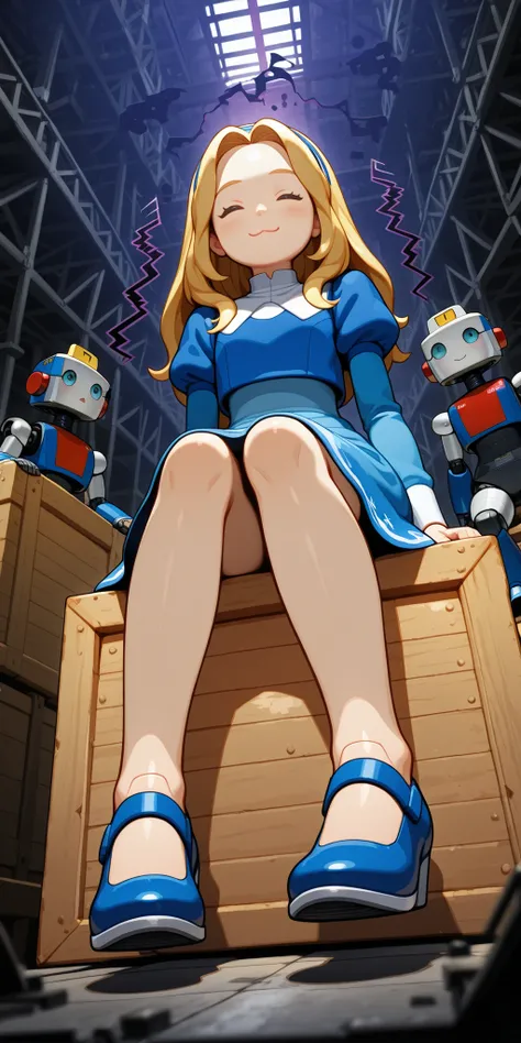 unifiedmaria, blue dress, puffy sleeves, medium skirt, shoes, blue footwear, (human:1.5),;(((hangar, sitting on a crate, from below))), (giant menacing robots in the background;1.4), (cute little robots at the foreground:1.3)