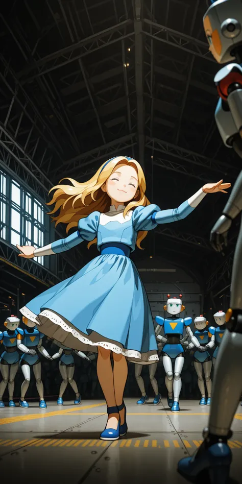unifiedmaria, blue dress, puffy sleeves, medium skirt, shoes, blue footwear, (human:1.5),(((hangar, dancing))), (giant robotnik style robots in the background;1.4), (cute little robots at the foreground:1.3)