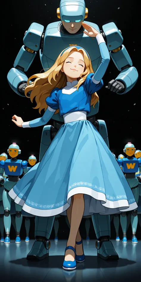 unifiedmaria, blue dress, puffy sleeves, medium skirt, shoes, blue footwear, (human:1.5),(((dancing))), (giant robotnik style robots in the background;1.4), (cute little robots at the foreground:1.3)