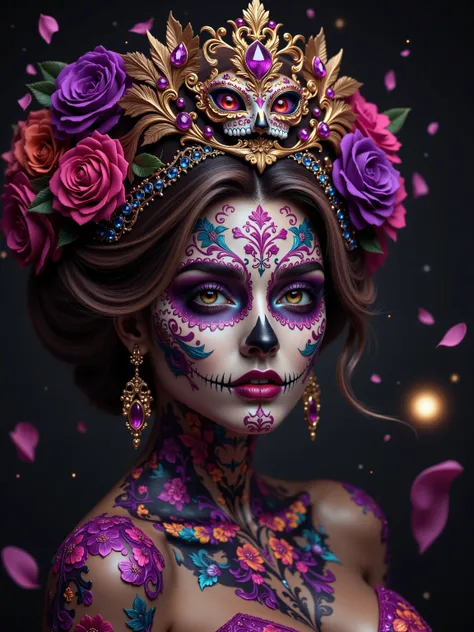 Ultra-realistic, photo-realistic, ultra-detailed intricate,heavy,day of the dead face painting,detailed woman's face,high quality,masterpiece,ultra-detailed,realistic,photorealistic,photo-realistic,HDR,UHD,studio lighting,ultra-fine painting,sharp focus,ph...