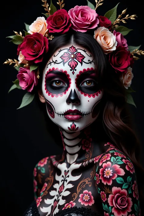 Catrina, Dia de Los Muertes, startling, hypersensual, gothic beauty, sugar skull, icon style, intricate, complex face and body paint, flowers, 8K, hypCatrina, Dia de Los Muertos, startling, hypersensual, gothic beauty, sugar skull, icon style, intricate, c...