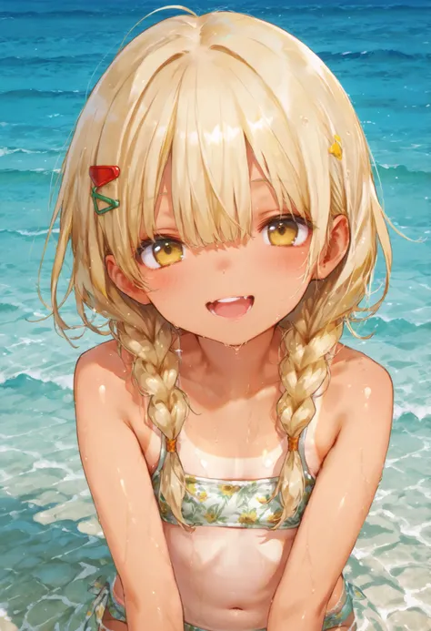 
happy、young blonde girl, braids, accurate, anatomically correct,exquisite digital illustration, tanlines ,tan, ネコスライム, タンクトップ, 短パン、748cmstyle