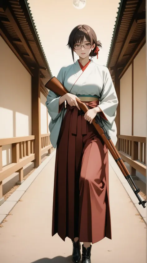 realistic anime style, sepia-toned vintage photo style, soft grain, Taisho era Tokyo at night, a full moon shining above Nihonbashi bridge, moonlight casting soft silver light and deep shadows, no other characters present, only one person in the scene, a v...