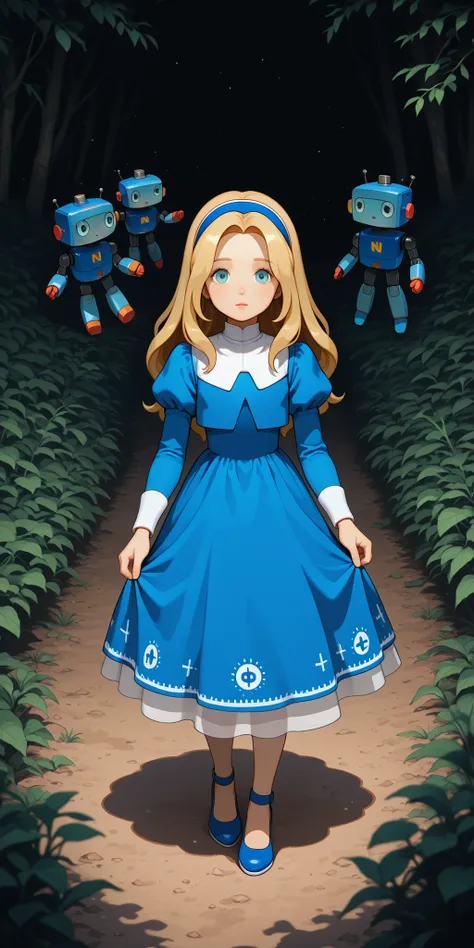unifiedmaria, blue dress, puffy sleeves, medium skirt, shoes, blue footwear, (cute little robots at the foreground:1.3)