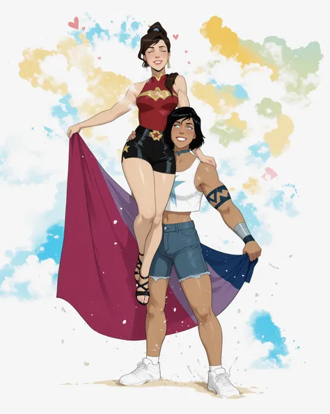2girls, lesbian couple,  butch girl korra is carrying hot and curvy wonder woman on her right shoulder,  carrying over shoulder, wonder woman has elegantly styled black hair and is wearing a sexy sleeveless red top and black leather micro shorts and left h...