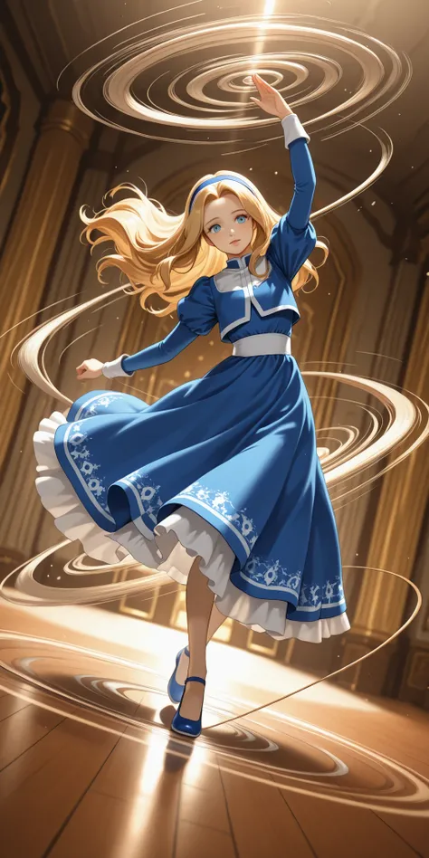 unifiedmaria, blue dress, puffy sleeves, medium skirt, shoes, blue footwear, (((spinning around, dancing))), (dynamic angle:1.5)