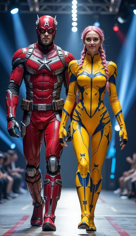 character: 1 man with mask full head wearing futuristic red captain America body suit with silver armor futuristic blue accents , and 1 women pink Two braids hair Long Wearing futuristic yellow captain america body suit with silver armor futuristic blue a...