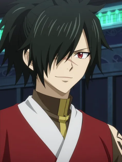 rogue_cheney, black hair, red eyes, hair over one eye, scar tattoo close-up, official style, ((anime screencap)), 8K, extremely detailed, 1boy, solo, looking at viewer, black background , shadow , atmospheric perspective , intricately detailed , depth of ...